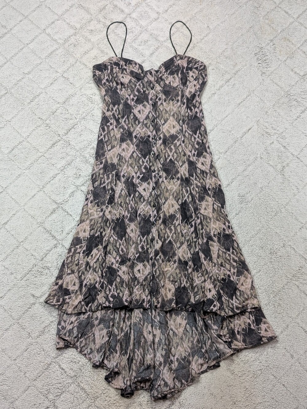 Free People Dress Womens 6 Gray Geometric Print Fit Flare Button Up Romantic